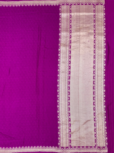 Vibrant Magenta Mashru Silk Saree with Geometric Silver Zari Pallu