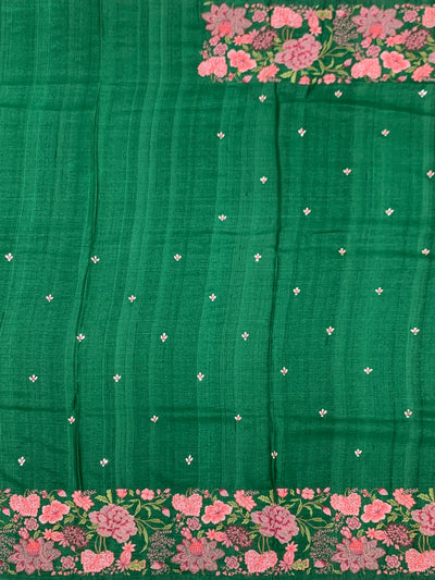 Emerald Green Tussore Silk Saree with Intricate Pink Floral Embroidery