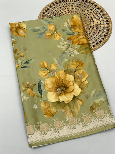 Elegant Sage Green Floral Mashru Silk Saree