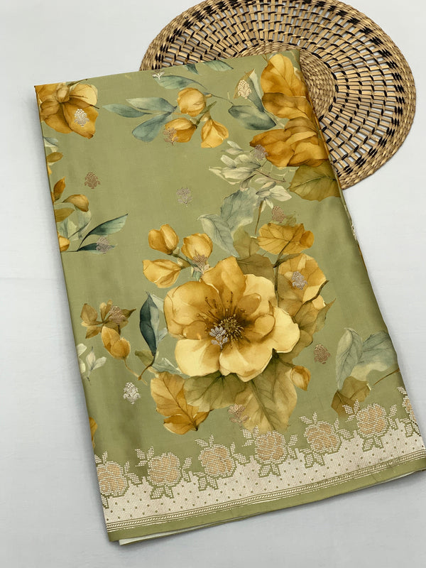 Elegant Sage Green Floral Mashru Silk Saree