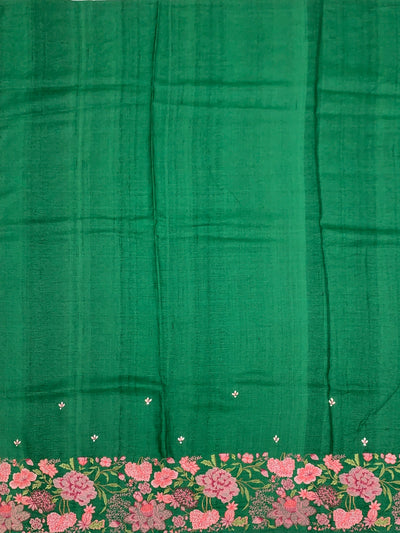 Emerald Green Tussore Silk Saree with Intricate Pink Floral Embroidery