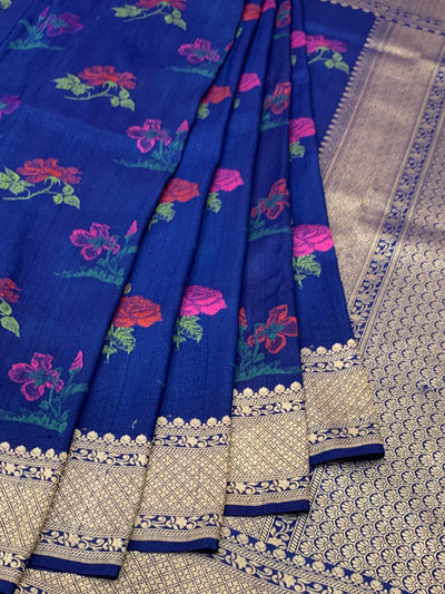 Royal Blue Tussore Georgette Saree with Woven Zari Pallu