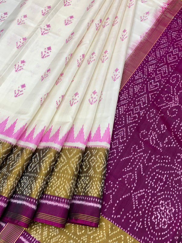 Ivory Cream & Deep Magenta Rajkot Patola Silk Saree