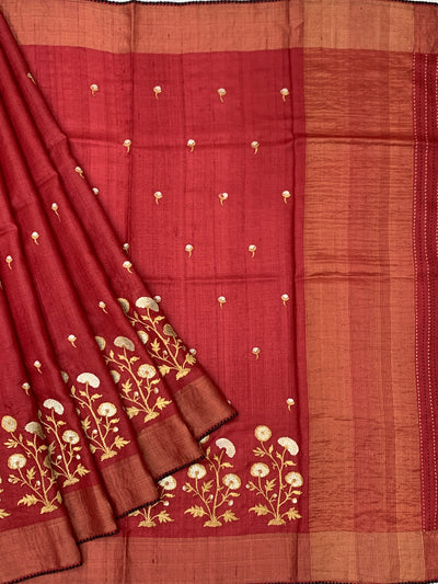 Crimson Red Tussore Silk Saree with Floral Embroidery & Contrast Charcoal Blouse