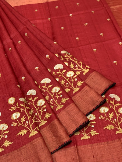 Crimson Red Tussore Silk Saree with Floral Embroidery & Contrast Charcoal Blouse