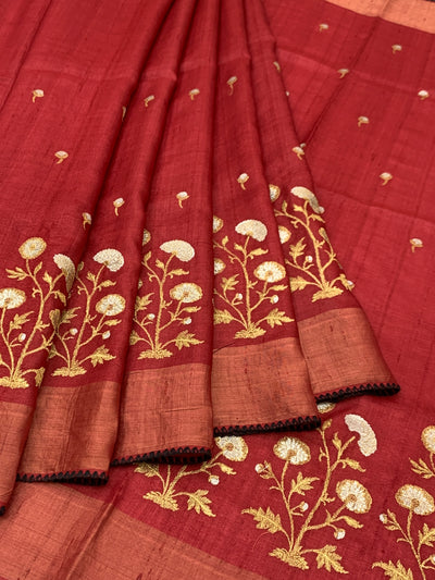 Crimson Red Tussore Silk Saree with Floral Embroidery & Contrast Charcoal Blouse