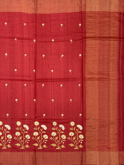 Crimson Red Tussore Silk Saree with Floral Embroidery & Contrast Charcoal Blouse