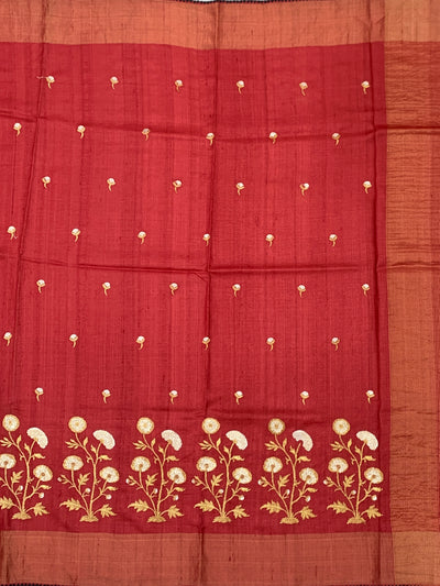 Crimson Red Tussore Silk Saree with Floral Embroidery & Contrast Charcoal Blouse