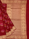 Deep Crimson Tussore Georgette Saree with Vibrant Floral Embroidery & Gold Zari Rose Border