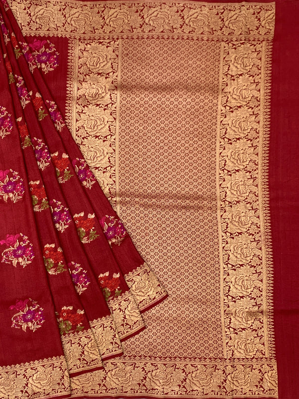 Deep Crimson Tussore Georgette Saree with Vibrant Floral Embroidery & Gold Zari Rose Border