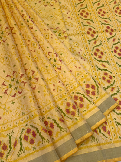 Soft Butter Yellow & Crimson Rajkot Patola Silk Saree