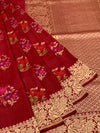 Deep Crimson Tussore Georgette Saree with Vibrant Floral Embroidery & Gold Zari Rose Border