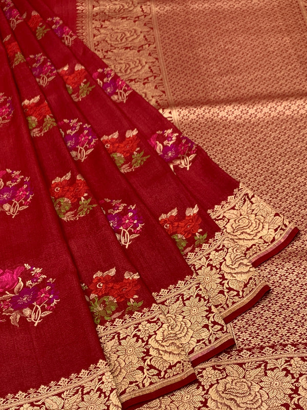 Deep Crimson Tussore Georgette Saree with Vibrant Floral Embroidery & Gold Zari Rose Border
