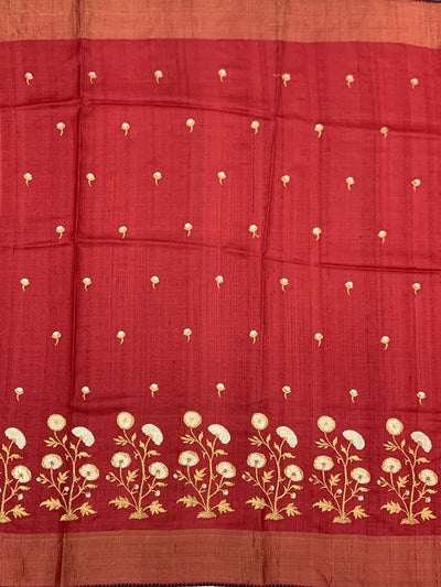 Crimson Red Tussore Silk Saree with Floral Embroidery & Contrast Charcoal Blouse