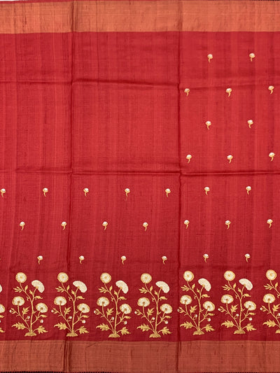 Crimson Red Tussore Silk Saree with Floral Embroidery & Contrast Charcoal Blouse