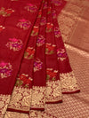 Deep Crimson Tussore Georgette Saree with Vibrant Floral Embroidery & Gold Zari Rose Border