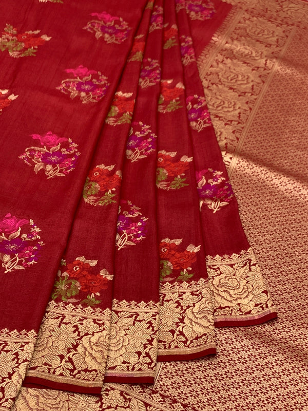 Deep Crimson Tussore Georgette Saree with Vibrant Floral Embroidery & Gold Zari Rose Border