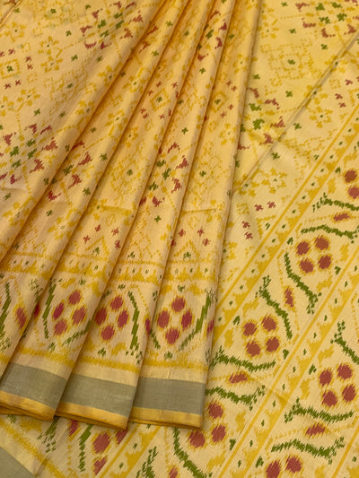 Soft Butter Yellow & Crimson Rajkot Patola Silk Saree