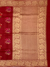 Deep Crimson Tussore Georgette Saree with Vibrant Floral Embroidery & Gold Zari Rose Border