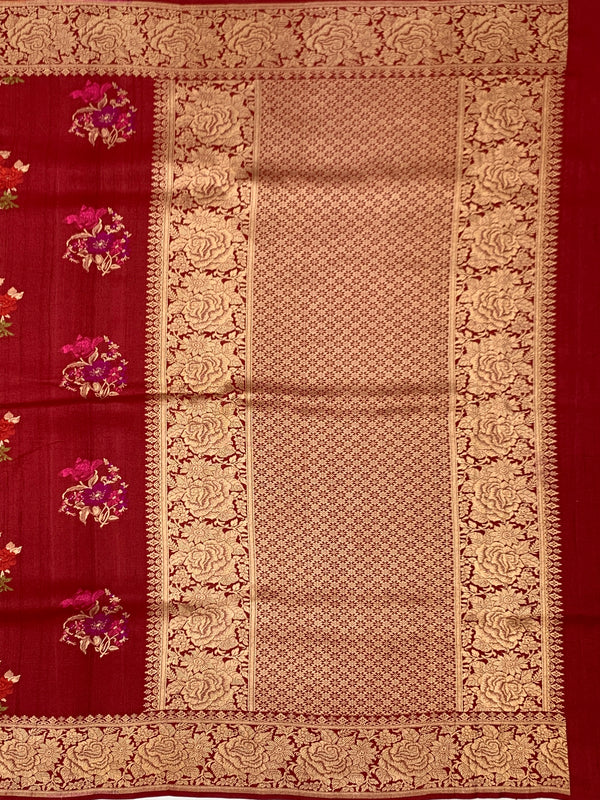 Deep Crimson Tussore Georgette Saree with Vibrant Floral Embroidery & Gold Zari Rose Border