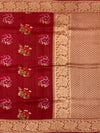 Deep Crimson Tussore Georgette Saree with Vibrant Floral Embroidery & Gold Zari Rose Border