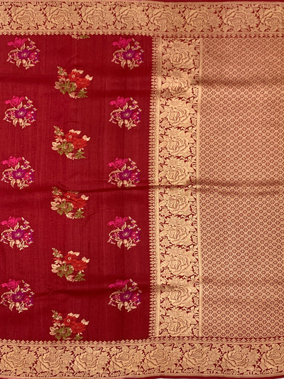 Deep Crimson Tussore Georgette Saree with Vibrant Floral Embroidery & Gold Zari Rose Border