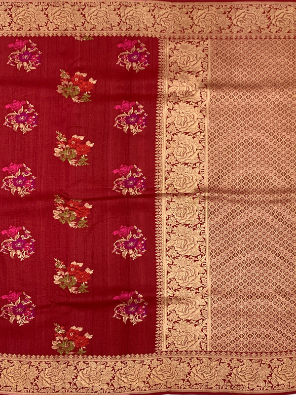 Deep Crimson Tussore Georgette Saree with Vibrant Floral Embroidery & Gold Zari Rose Border