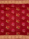Deep Crimson Tussore Georgette Saree with Vibrant Floral Embroidery & Gold Zari Rose Border
