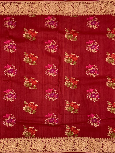 Deep Crimson Tussore Georgette Saree with Vibrant Floral Embroidery & Gold Zari Rose Border