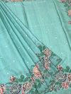 Pastel Aqua Tussar Silk Saree with Vintage Floral Embroidery