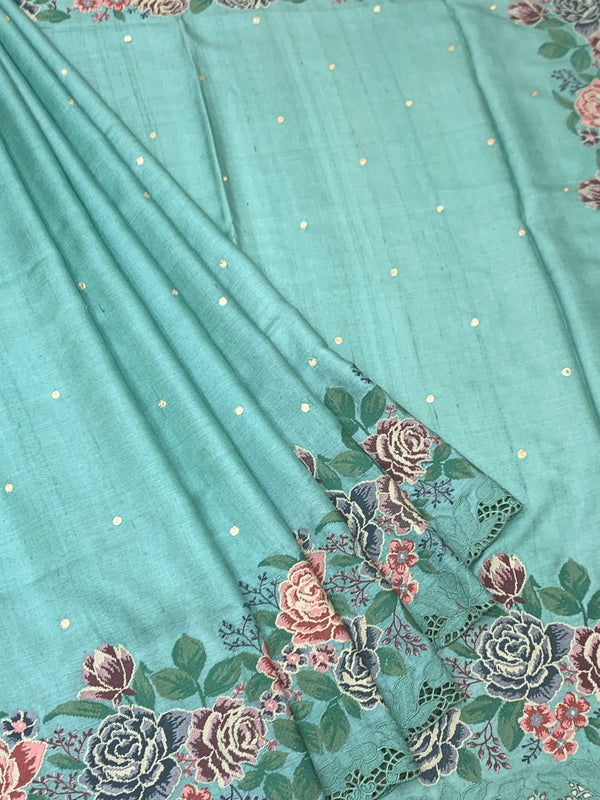 Pastel Aqua Tussar Silk Saree with Vintage Floral Embroidery