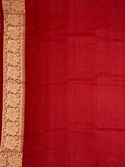 Deep Crimson Tussore Georgette Saree with Vibrant Floral Embroidery & Gold Zari Rose Border
