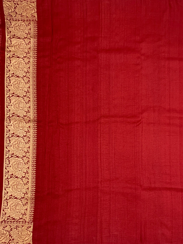 Deep Crimson Tussore Georgette Saree with Vibrant Floral Embroidery & Gold Zari Rose Border