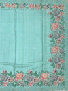 Pastel Aqua Tussar Silk Saree with Vintage Floral Embroidery