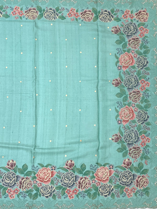 Pastel Aqua Tussar Silk Saree with Vintage Floral Embroidery
