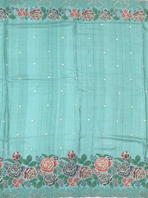 Pastel Aqua Tussar Silk Saree with Vintage Floral Embroidery