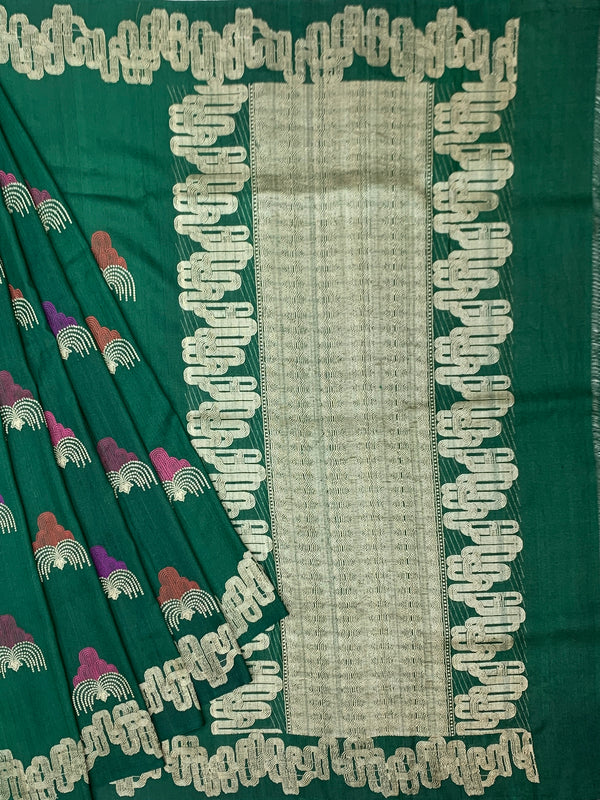 Forest Green Tussore Georgette Saree with Fan Embroidered Bootis & Geometric Zari Border