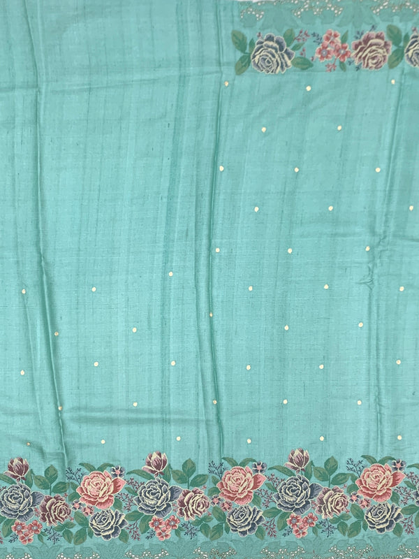 Pastel Aqua Tussar Silk Saree with Vintage Floral Embroidery