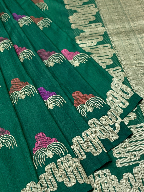 Forest Green Tussore Georgette Saree with Fan Embroidered Bootis & Geometric Zari Border