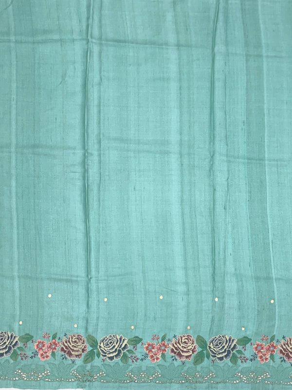 Pastel Aqua Tussar Silk Saree with Vintage Floral Embroidery