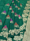 Forest Green Tussore Georgette Saree with Fan Embroidered Bootis & Geometric Zari Border