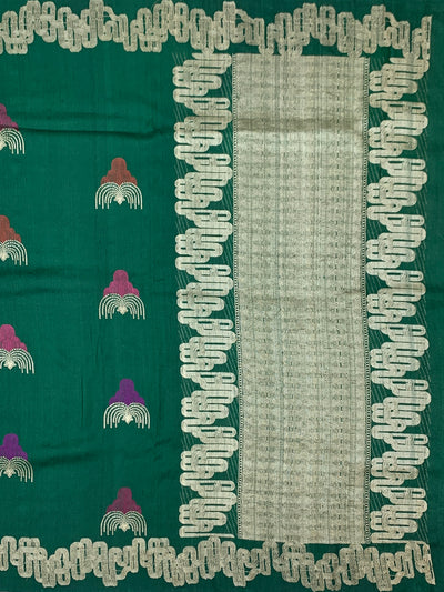 Forest Green Tussore Georgette Saree with Fan Embroidered Bootis & Geometric Zari Border