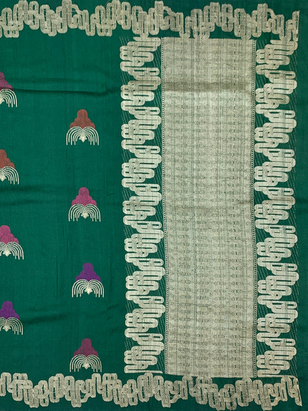 Forest Green Tussore Georgette Saree with Fan Embroidered Bootis & Geometric Zari Border