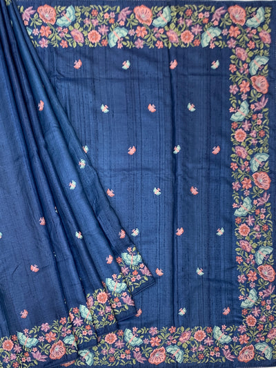Deep Navy Blue Tussore Silk Saree with Pastel Butterfly & Floral Embroidery