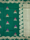 Forest Green Tussore Georgette Saree with Fan Embroidered Bootis & Geometric Zari Border