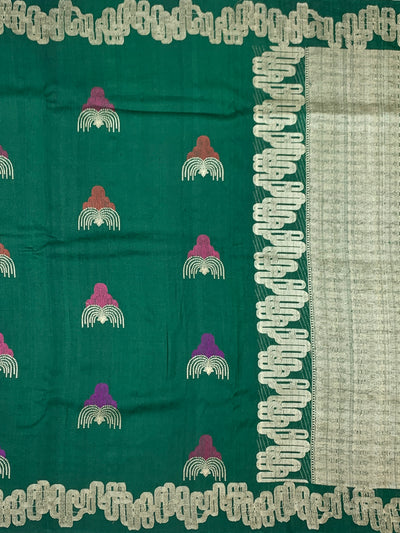 Forest Green Tussore Georgette Saree with Fan Embroidered Bootis & Geometric Zari Border