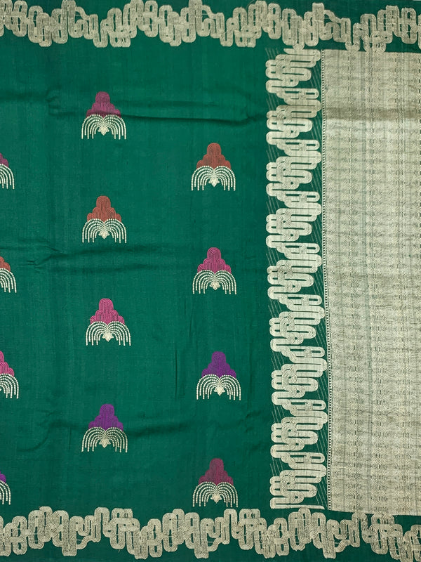 Forest Green Tussore Georgette Saree with Fan Embroidered Bootis & Geometric Zari Border