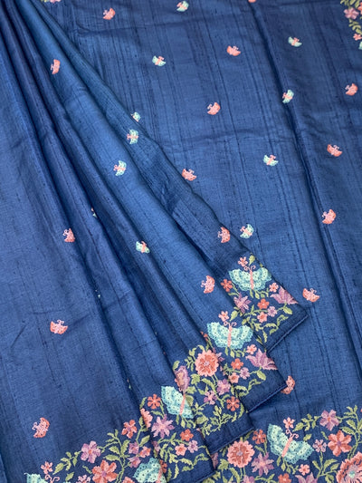 Deep Navy Blue Tussore Silk Saree with Pastel Butterfly & Floral Embroidery