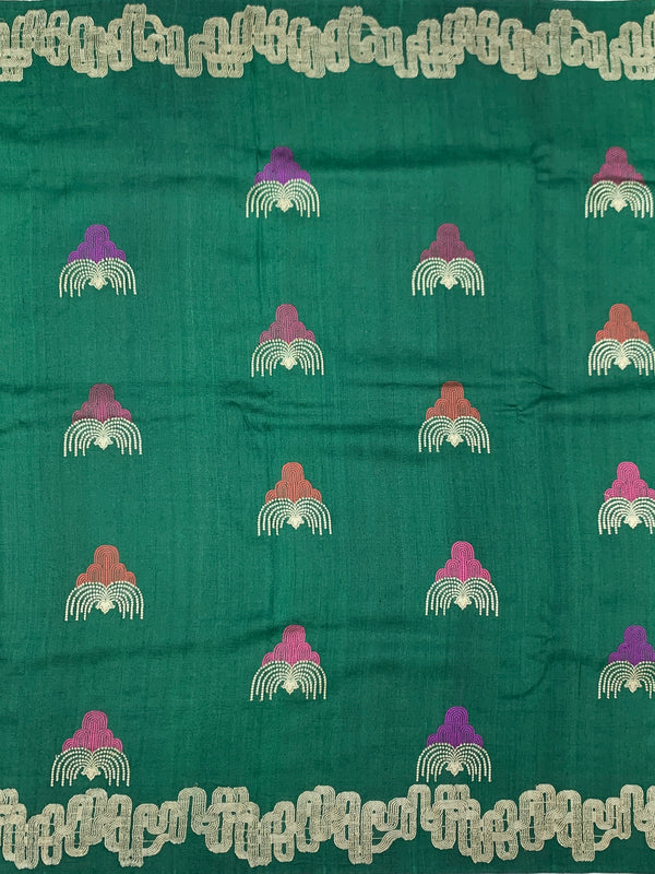 Forest Green Tussore Georgette Saree with Fan Embroidered Bootis & Geometric Zari Border