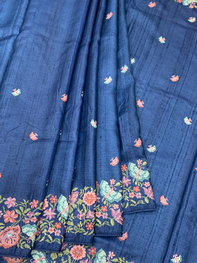 Deep Navy Blue Tussore Silk Saree with Pastel Butterfly & Floral Embroidery